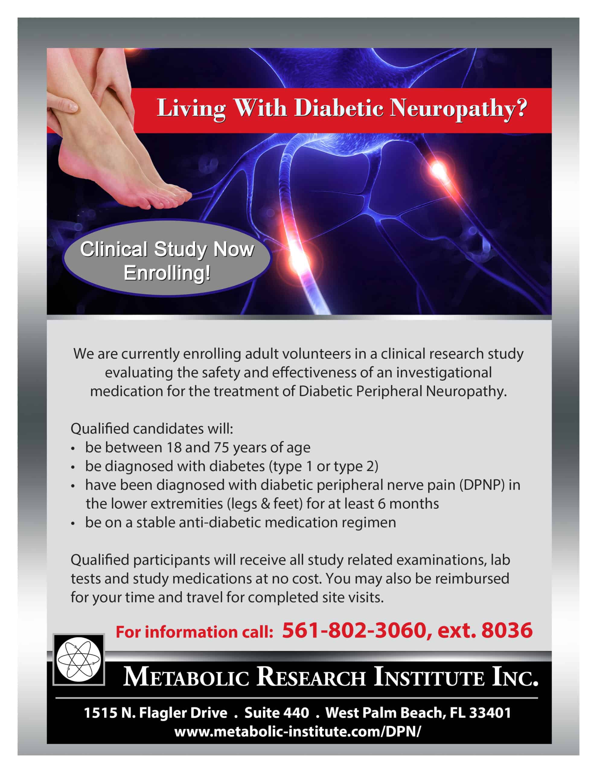 Clinical study flyer for adults suffering from Diabetic Peripheral Neuropathy in their lower limbs.