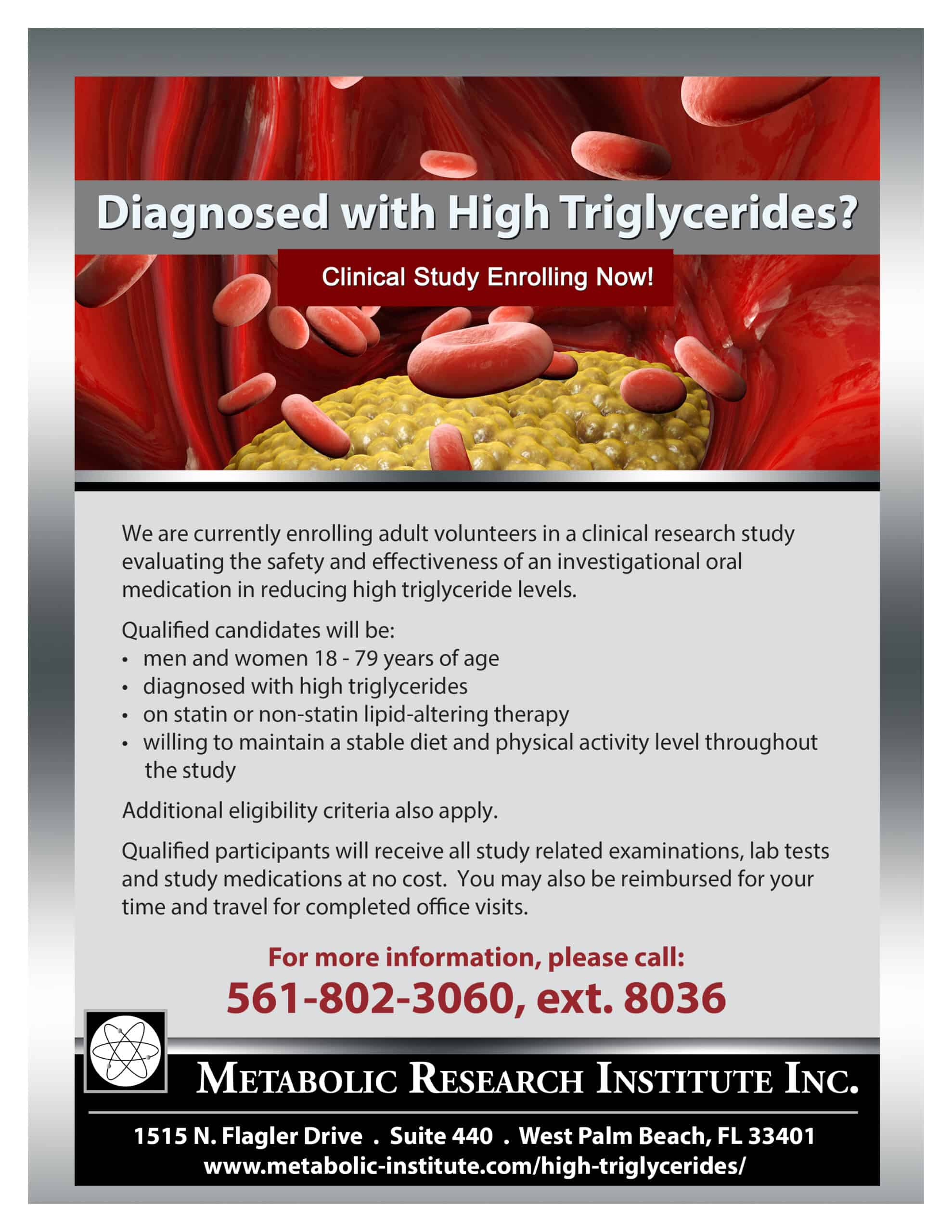Clinical study flyer for adults with high triglyceride levels.