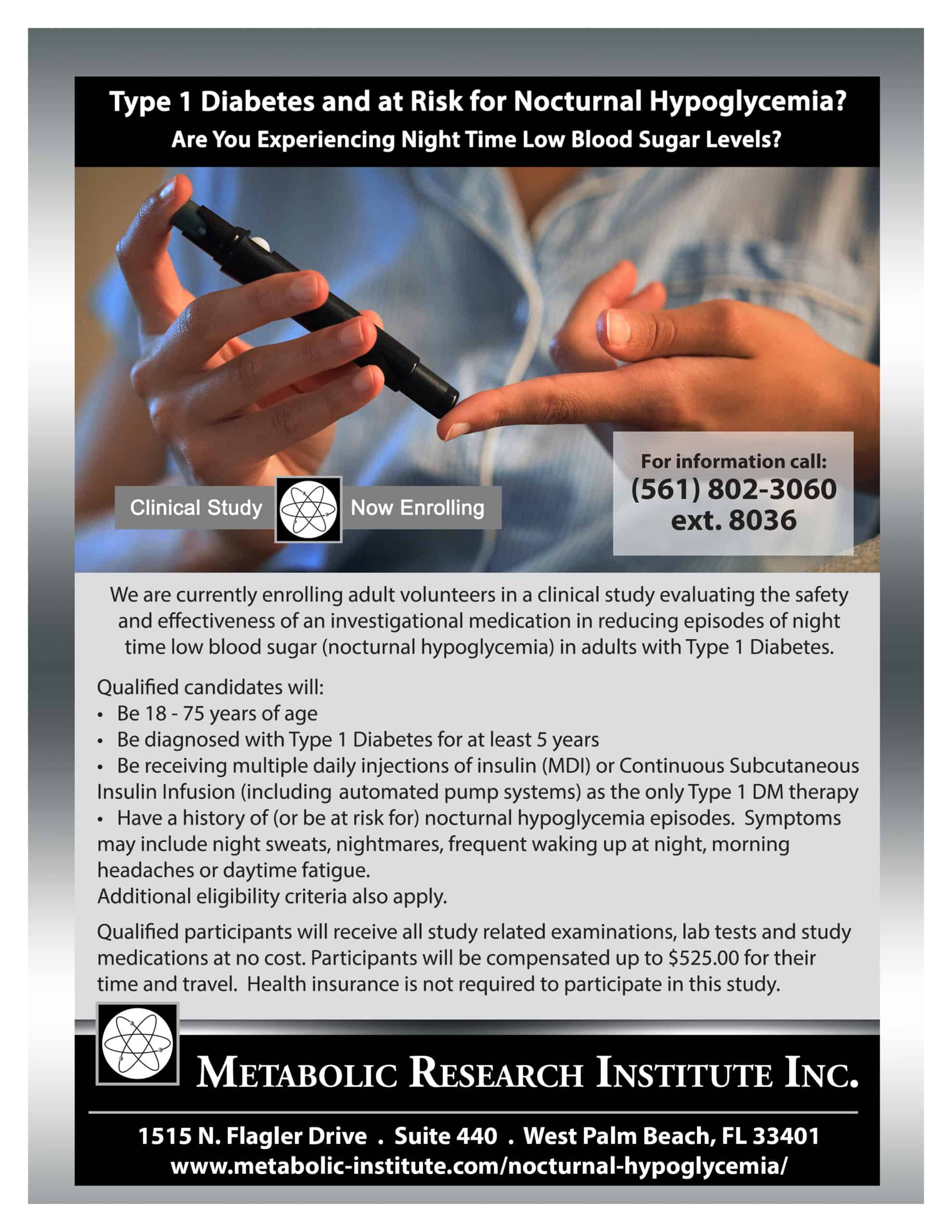 Clinical study flyer for adults with Type 1 Diabetes and night time hypoglycemia
