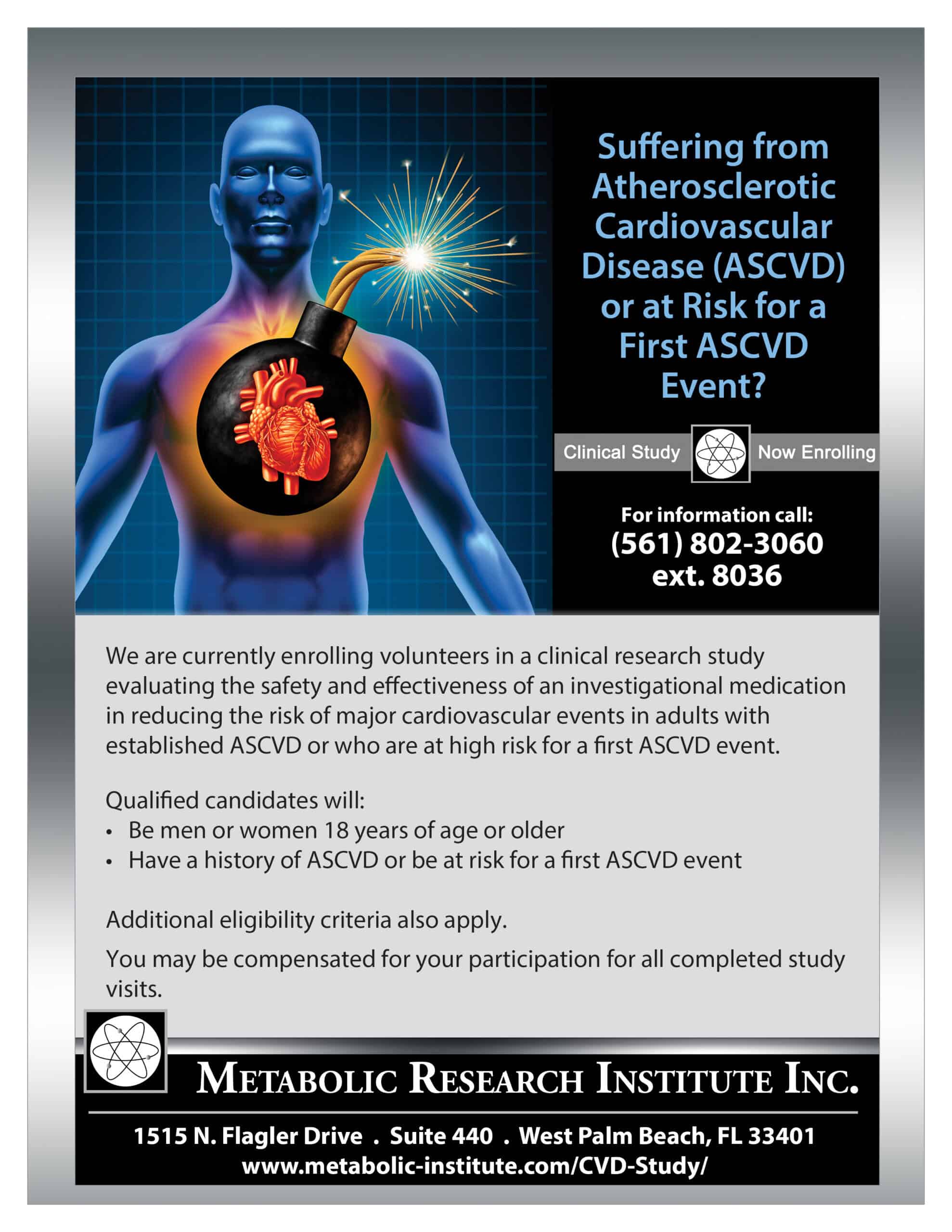 MRI-AZ ASCVD-Flyer-Rev091625 copy We are looking for men and women 18 years of age or older who have been diagnosed with Atherosclerotic Cardivascular Disease (ASCVD).